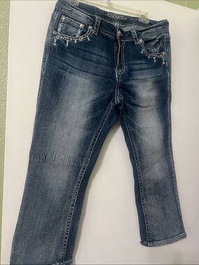Grace in LA Dark Blue Washed cropped Jeans with Jeweled Pocket Accents